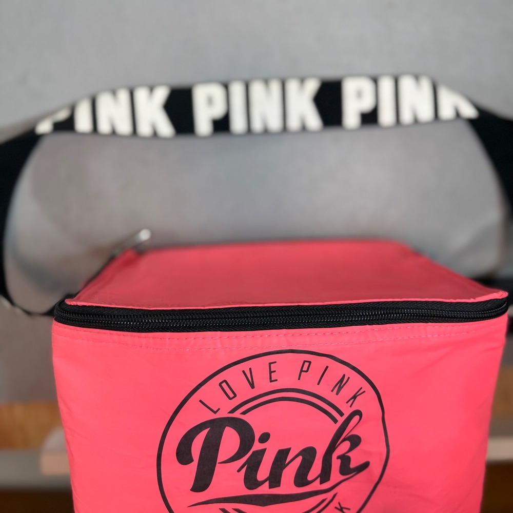 PINK Victoria's Secret Insulated Lunch Bag Cooler Neon Pink Logo Strap - Picture 3 of 5